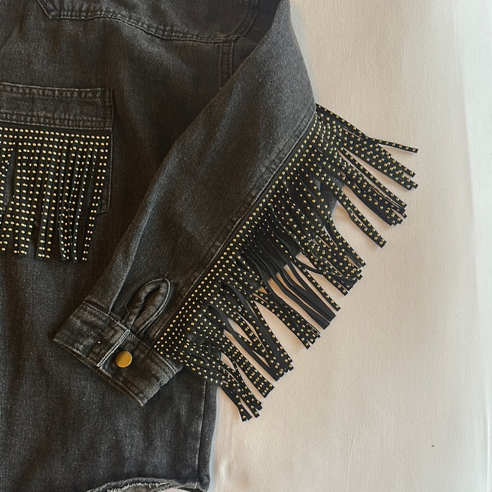 Black Jean Denim  Jacket with Fringe and Studs - Picture 7 of 11